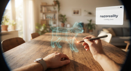 A POV shot from inside an XR headset showing a transparent dashed-line cat drawing hovering over a real wooden table. The user's virtual hand is tracing the lines with a glowing orange pen.